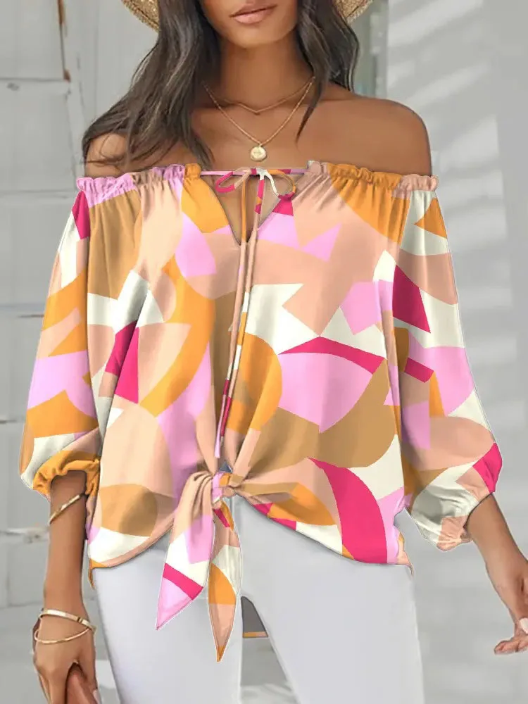 Elegant Long Sleeve Lace Up Loose Blouse Ladies Spring Autumn Sexy One-word Neck Backless Top Women Fashion Print Pullover Shirt
Elegant Long Sleeve Lace Up Loose Blouse Ladies Spring Autumn Sexy One-word Neck Backless Top Women Fashion Print Pullover Shirt