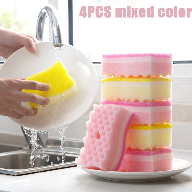 

4Pcs Dish Wash Cleaning Sponge Double-sided Household Scouring Pad Dishwashing Sponges Kitchen Magic Sponge Cleaning Tools