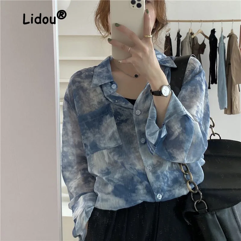 Printing Ink Tie Dye Pocket Single-breasted Blouse Women New Classic Long Sleeve Polo Collar Temperament Office Autumn Shirt
Printing Ink Tie Dye Pocket Single-breasted Blouse Women New Classic Long Sleeve Polo Collar Temperament Office Autumn Shirt