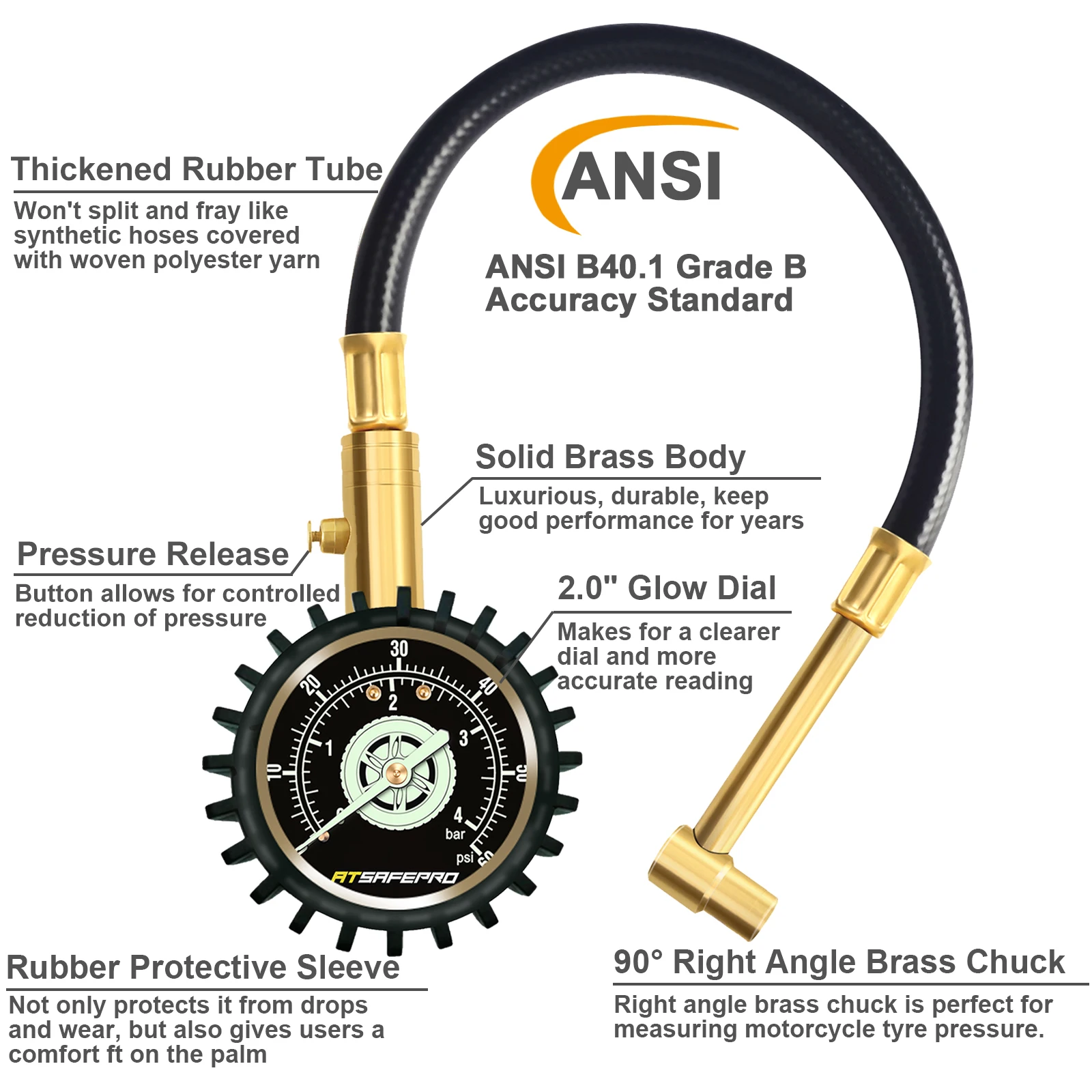 ATsafepro Moto Tire Pressure Gauge 60 PSI 90 Degree Brass Chuck Professional Tire Gauge Right Angle Chuck for Car Bike SUV
ATsafepro Moto Tire Pressure Gauge 60 PSI 90 Degree Brass Chuck Professional Tire Gauge Right Angle Chuck for Car Bike SUV