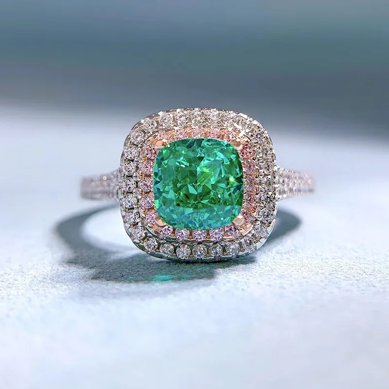 

S925 Sterling Silver Crushed Ice Cut 6*6MM Emerald High Carbon Diamonds Gemstones Engagement Fine Jewelry Ring