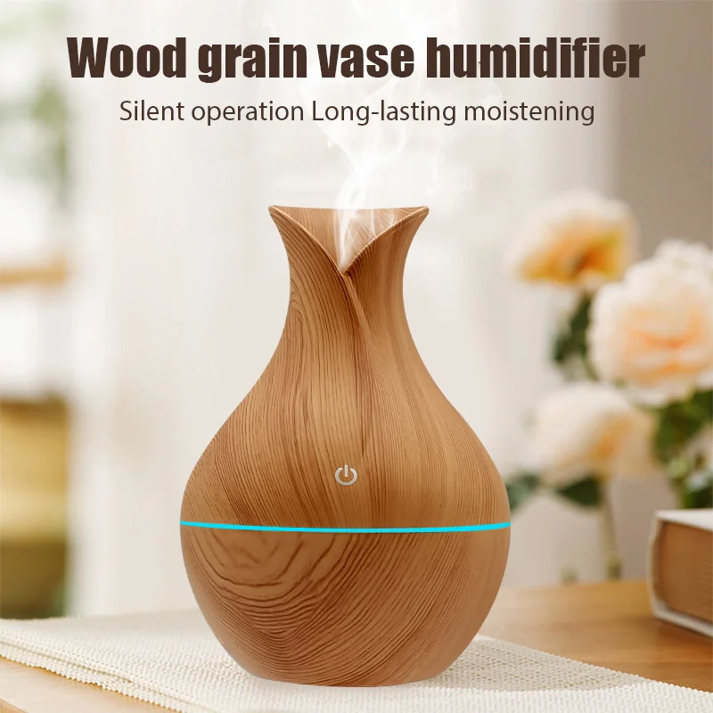 

130ML Vase Wood Grain Air Humidifier Ultrasonic USB Aroma Essential Oil Diffuser Home Car Mute Antibacterial With Colorful Light