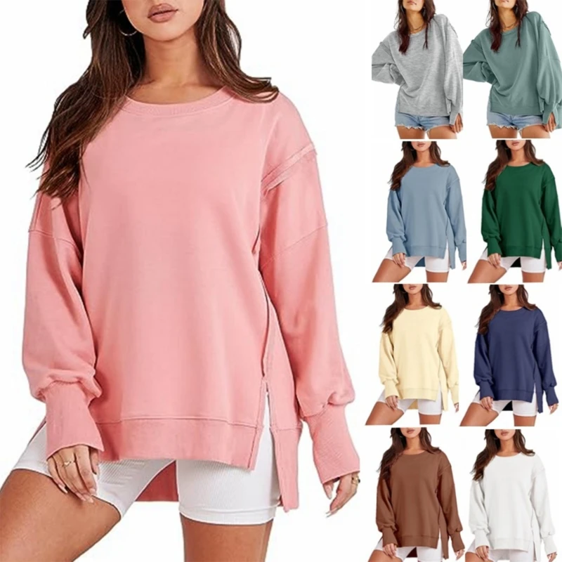 

Oversized Sweatshirt for Women Long Sleeve Crewneck Casual Pullover Tops Side Slit Hoodies Slouchy Fit Tops Fall Clothes