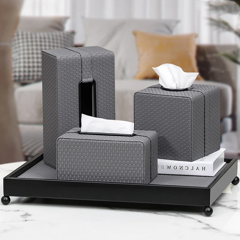 

Imitation Leather Tray Decorate Nordic Style Weave Pattern Extractable Tissue Box Household Storage Supplies