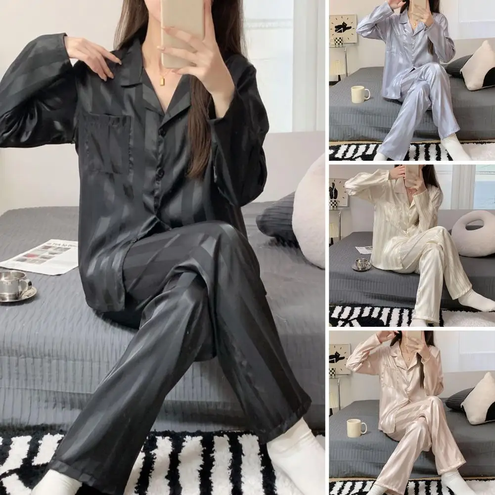 2Pcs/Set Lapel Long Sleeve Pajama Set Pockets Buttons Placket Straight Wide Leg Imitation Silk Smooth Top Long Pants Loungewear
2Pcs/Set Lapel Long Sleeve Pajama Set Pockets Buttons Placket Straight Wide Leg Imitation Silk Smooth Top Long Pants Loungewear