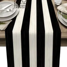 Wood Grain Black And White Stripe Table Runner Home Wedding Table Flag Mat Centerpieces Decoration Party Dining Long Tablecloth