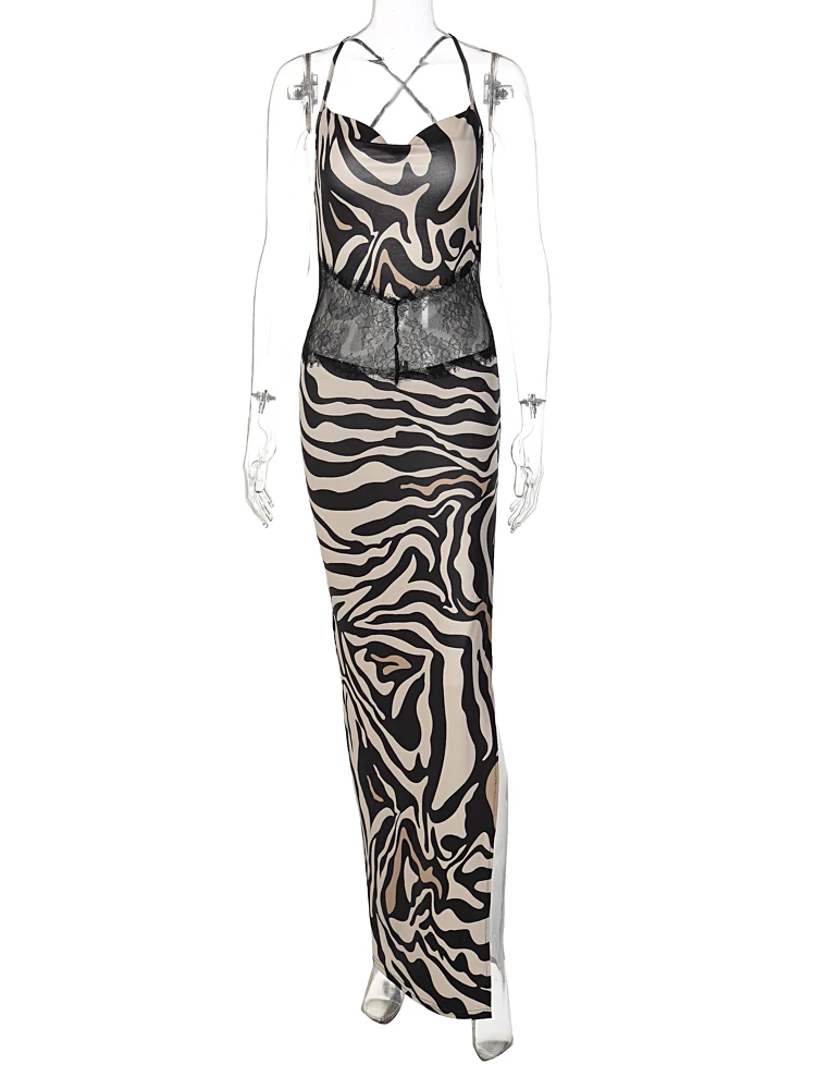 Summer Sexy High Split Zebra Striped Print Long Dress Women Spaghetti Strap Lace Spliced Maxi Dresses 2022 
Summer Sexy High Split Zebra Striped Print Long Dress Women Spaghetti Strap Lace Spliced Maxi Dresses 2022