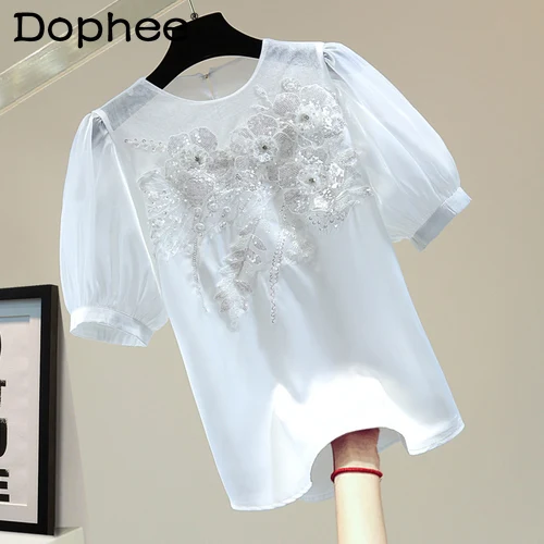 

2022 Summer Sweet Blouse Femme New Sequined Diamonds Short-Sleeved Top Korean Style Lace Embroidery Solid Color Chiffon Blusas
