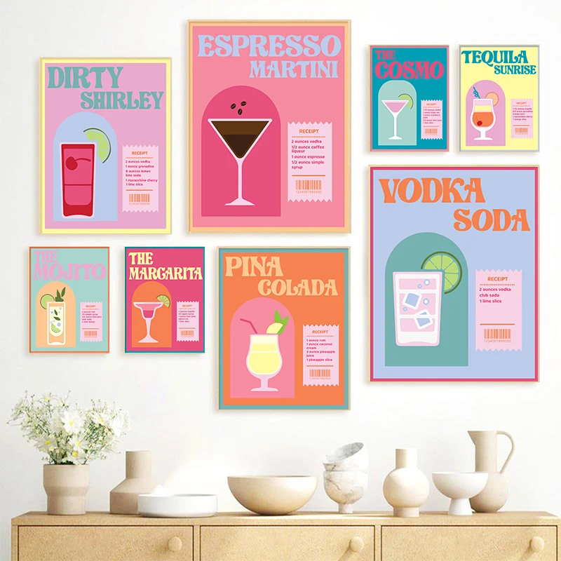

Cartoon Pink Cocktail Poster Nordic Espresso Spritz Fruits Juice Wine Drinks Canvas Painting Art Wall Pictures For Kitchen Decor