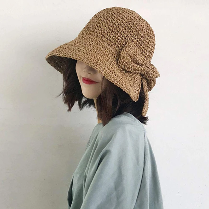 

Wide Brim Floppy Straw Sun Hat Outgoing Hat Foldable Summer Bow Beach Hat Women Girl Sunscreen Straw Basin Hat Infant Fisherman