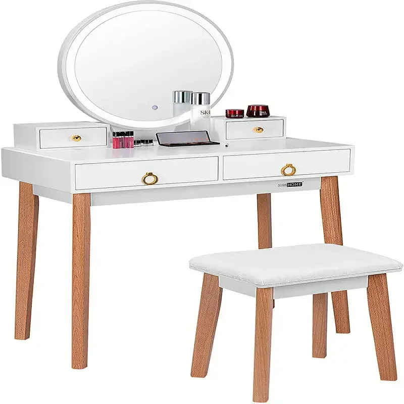 Set with 3-Color Touch Screen Dimmable Lighted Metal Mirror, Makeup Table with Drawers, Padded Stool, White Kitchen cabinets Kit
Set with 3-Color Touch Screen Dimmable Lighted Metal Mirror, Makeup Table with Drawers, Padded Stool, White Kitchen cabinets Kit