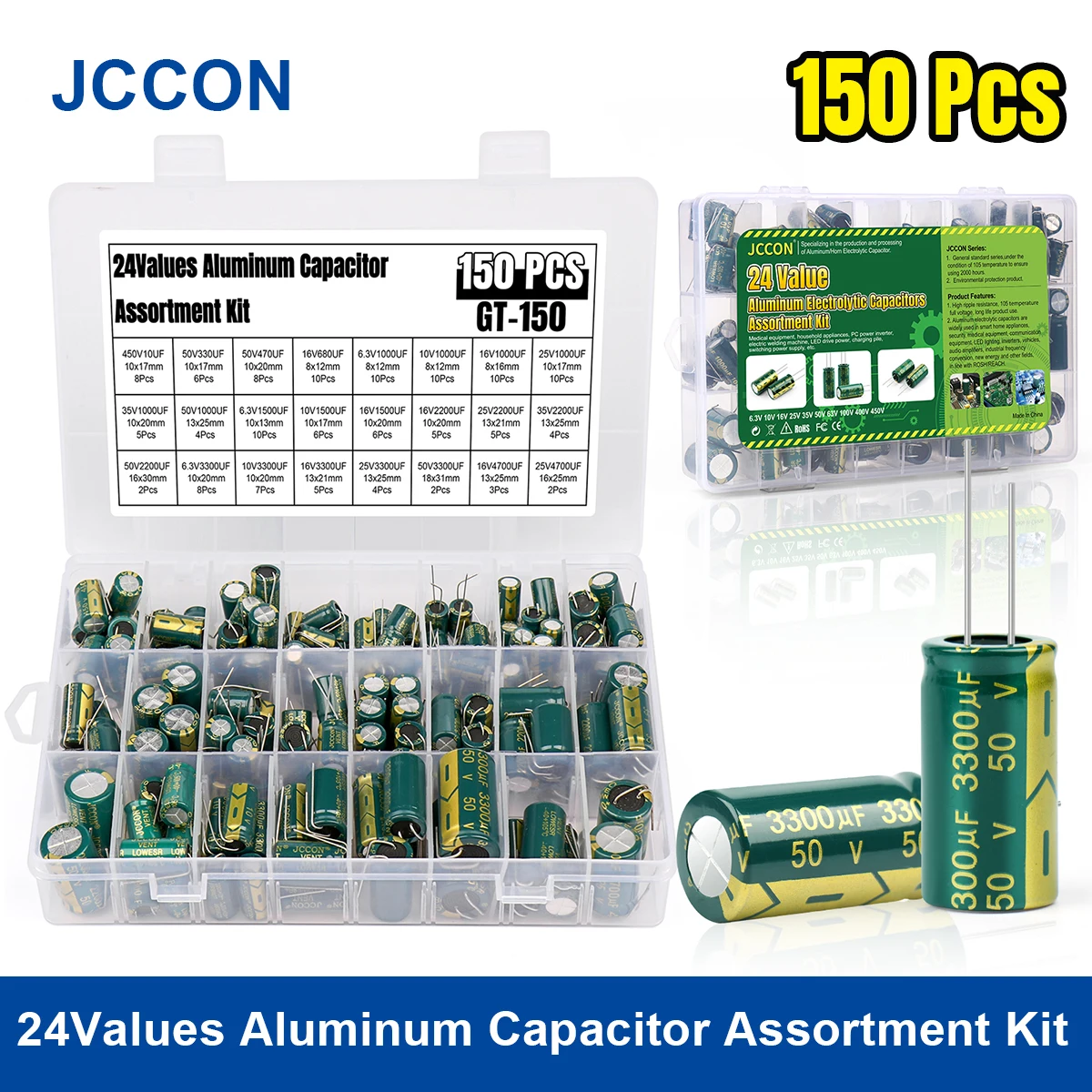 

150Pcs JCCON Aluminum Electrolytic Capacitor Kit 24Values 6.3V-450V Capacitors Assortment Kit 680UF 1000UF 2200UF 3300UF 4700UF