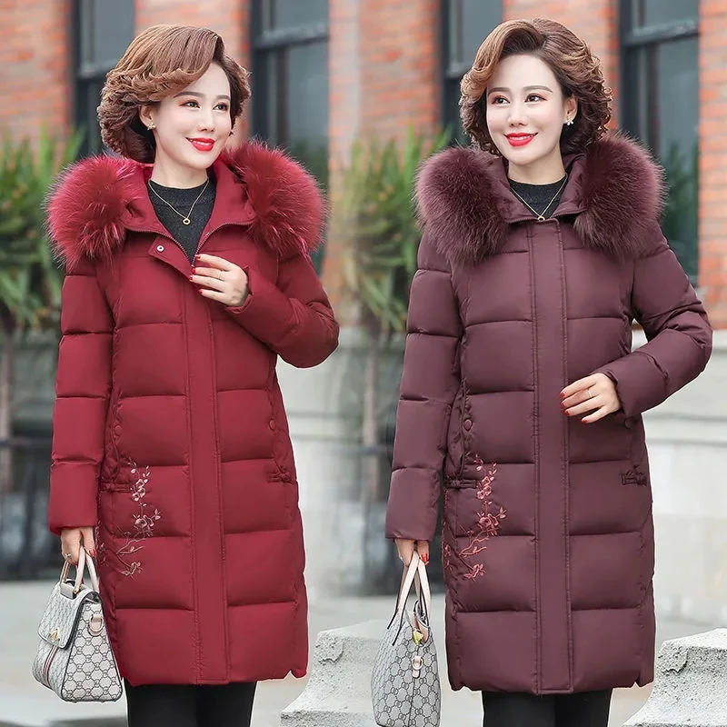 Middle-aged mother Jacket Winter Embroidered Thicken Big fur collar Cotton Padded Hooded Coat Warm Long Parkas Outwear Female
Middle-aged mother Jacket Winter Embroidered Thicken Big fur collar Cotton Padded Hooded Coat Warm Long Parkas Outwear Female