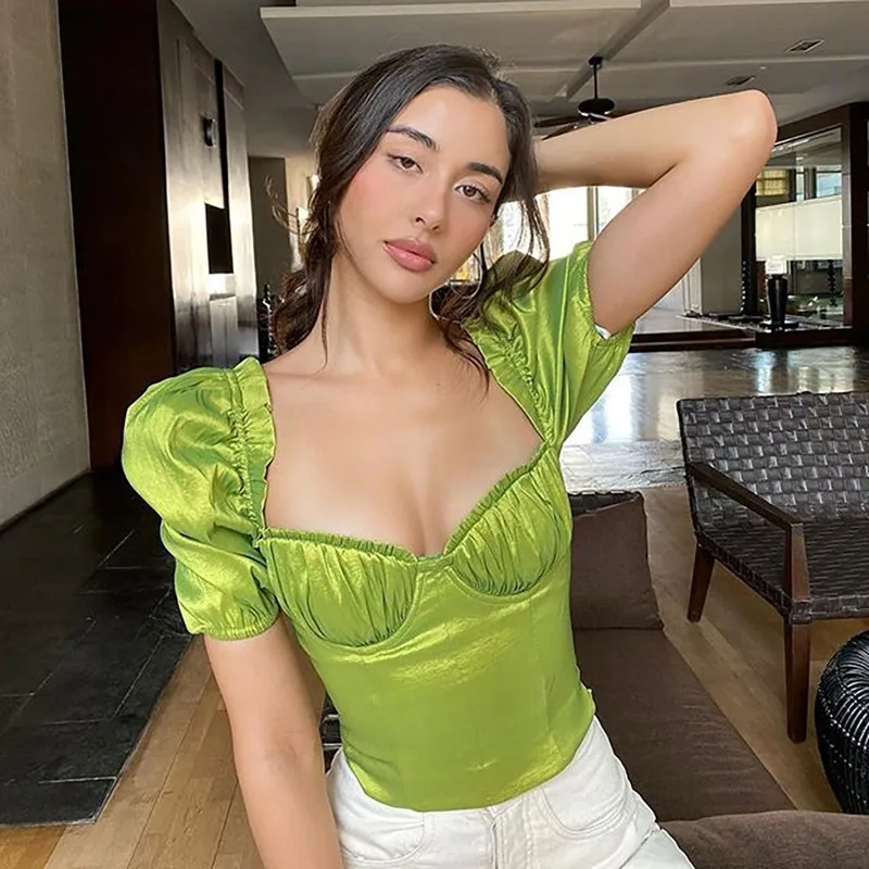 Women Summer Short Sleeve Green Tops Square Collar Tshirts Elegant Pleated Lace Wrap Chest Open Back Slim T-shirt Woman New
Women Summer Short Sleeve Green Tops Square Collar Tshirts Elegant Pleated Lace Wrap Chest Open Back Slim T-shirt Woman New