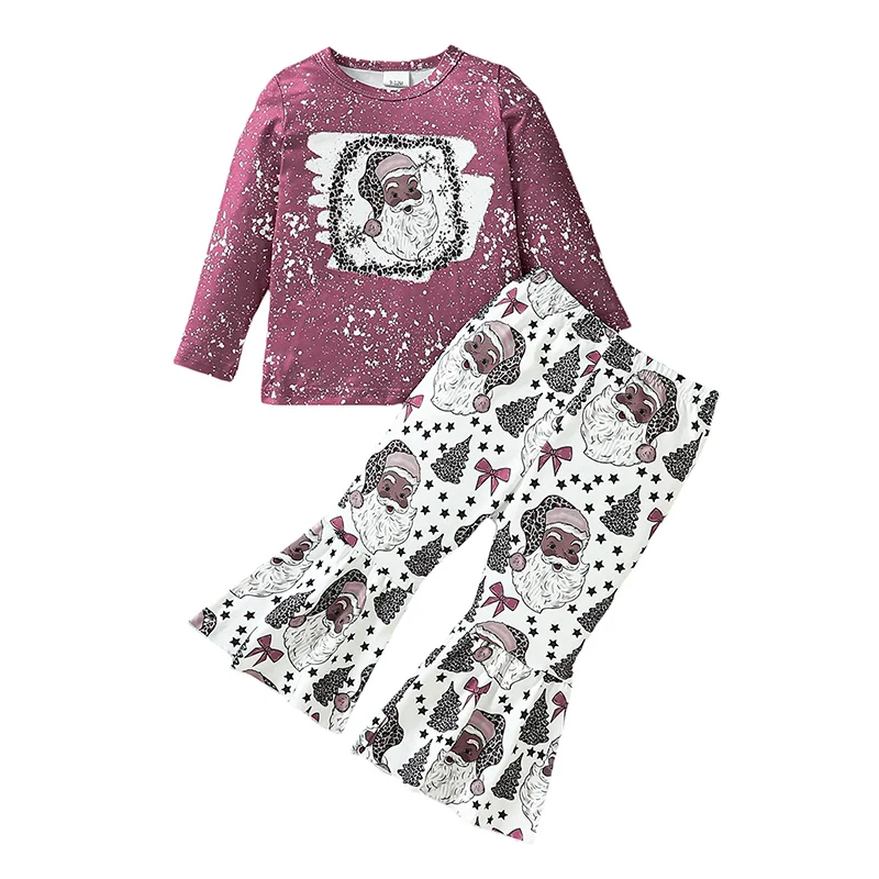 

Комплект одежды из 2 предметов для маленьких девочек, свитшот с длинным рукавом и расклешенные брюки с рождественским принтом Санта-Клауса, милая одежда