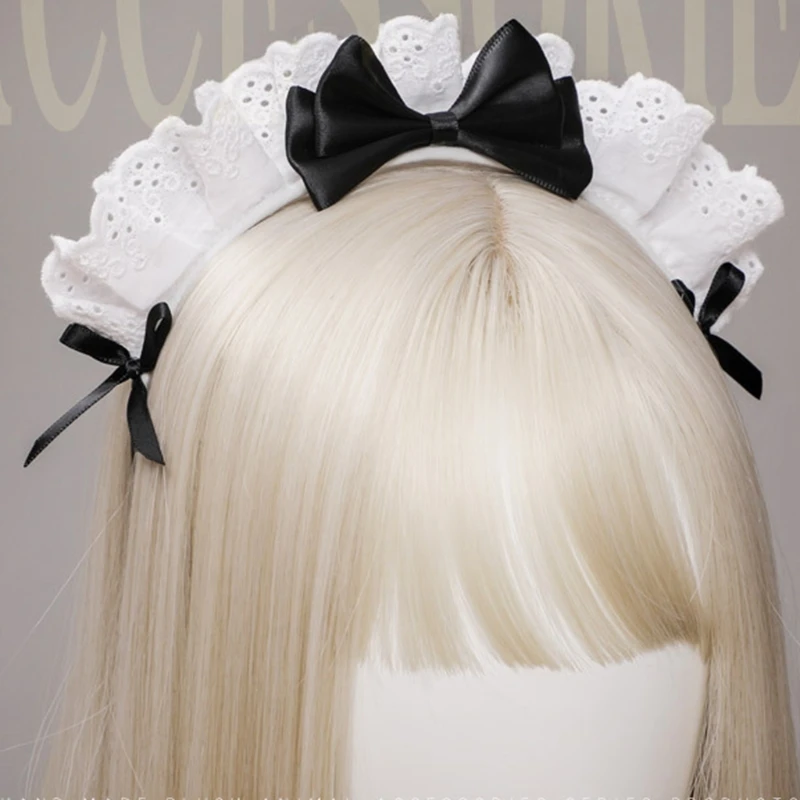 

Японские аксессуары для волос в стиле Лолиты с рюшами и кружевным бантом, готическая повязка на голову для косплея горничной
