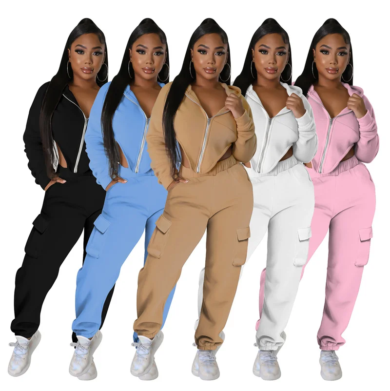 

Sunny Solid Two Piece Set Women Jogging Suits Asymmetrical Zip Up Long Sleeve Hooded Seatshirts Crop Top Pockets Loose Pants