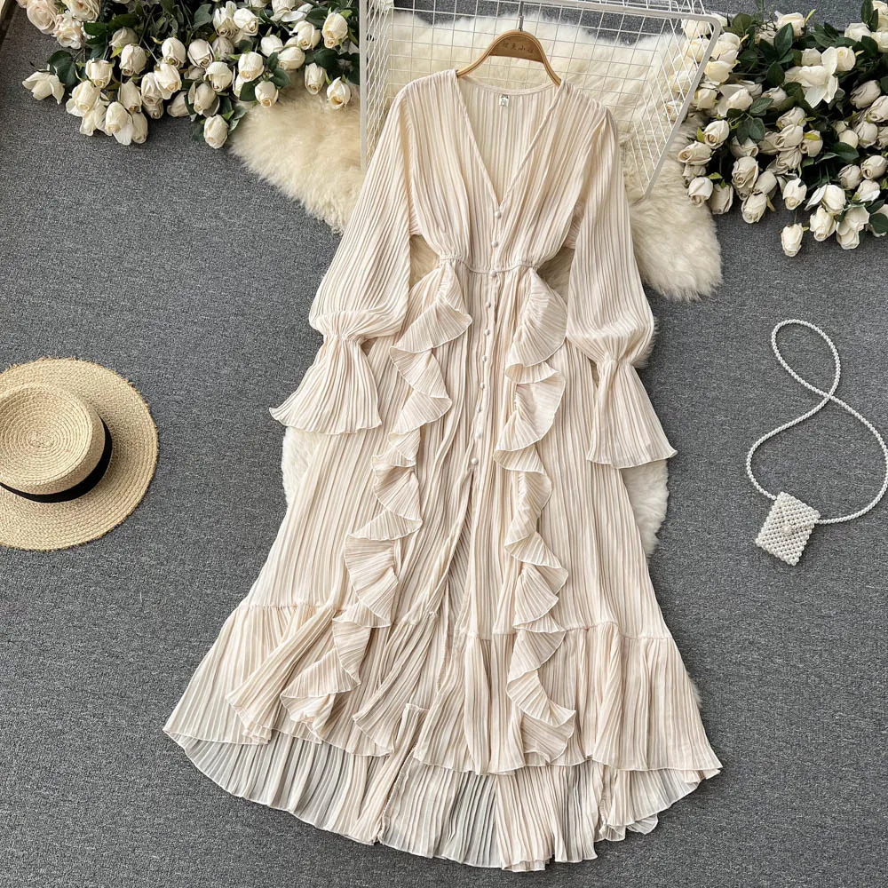 Vintage V-neck Chiffon Pleated Summer Dress Purple/Brown/Red Long Dress Flare Sleeves Dropped Ruffles Robe Dress for Women
Vintage V-neck Chiffon Pleated Summer Dress Purple/Brown/Red Long Dress Flare Sleeves Dropped Ruffles Robe Dress for Women