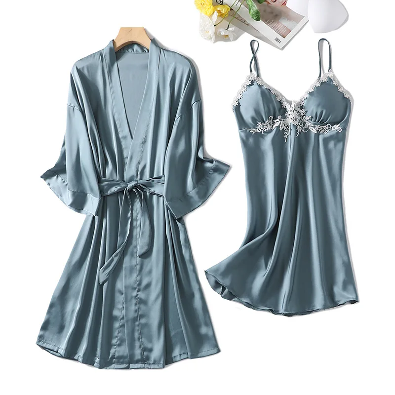 Tulin Fashion Blue Faux Silk Robe Set Sexy Trim Kimono Gown Women Set Summer New Sleep Set Female 2PCS Sleepwear Home Clothes
Tulin Fashion Blue Faux Silk Robe Set Sexy Trim Kimono Gown Women Set Summer New Sleep Set Female 2PCS Sleepwear Home Clothes