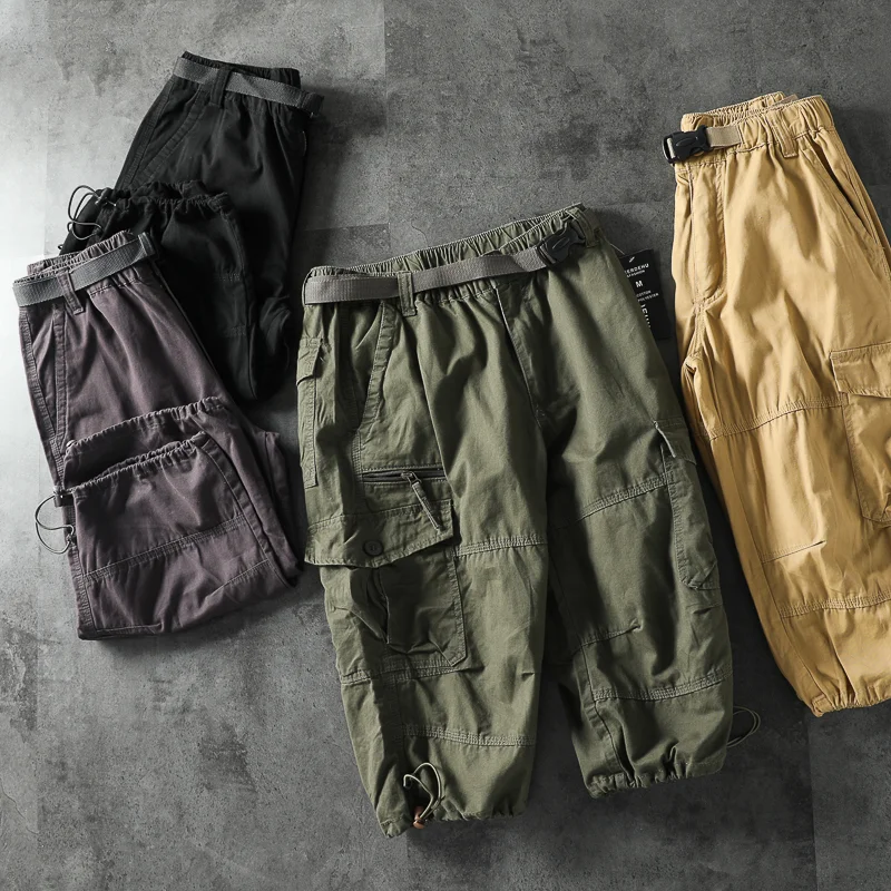 

Мужские свободные короткие брюки, повседневные однотонные брюки из чистого хлопка с множеством карманов, одежда для работы, лето 2023