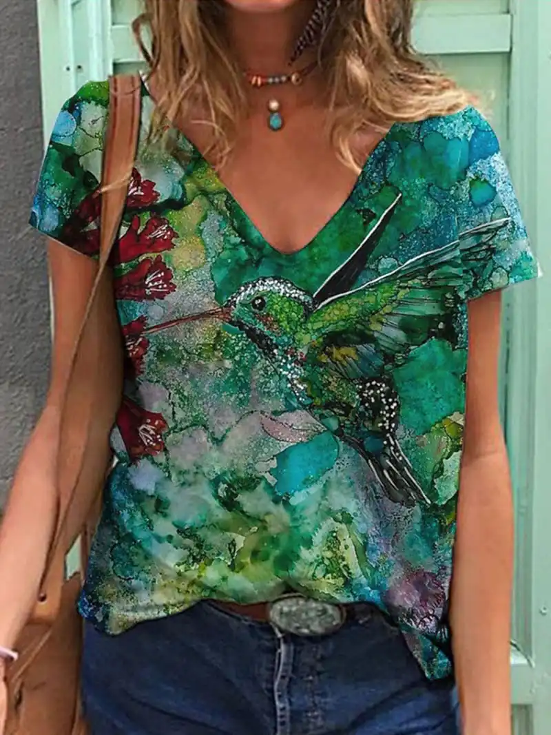 2022 Summer New Ladies Fashion T Shirt Casual Weekend Bird Painting T Shirt Short Sleeve Print V Neck Basic Green Blue Pink 3D P
2022 Summer New Ladies Fashion T Shirt Casual Weekend Bird Painting T Shirt Short Sleeve Print V Neck Basic Green Blue Pink 3D P