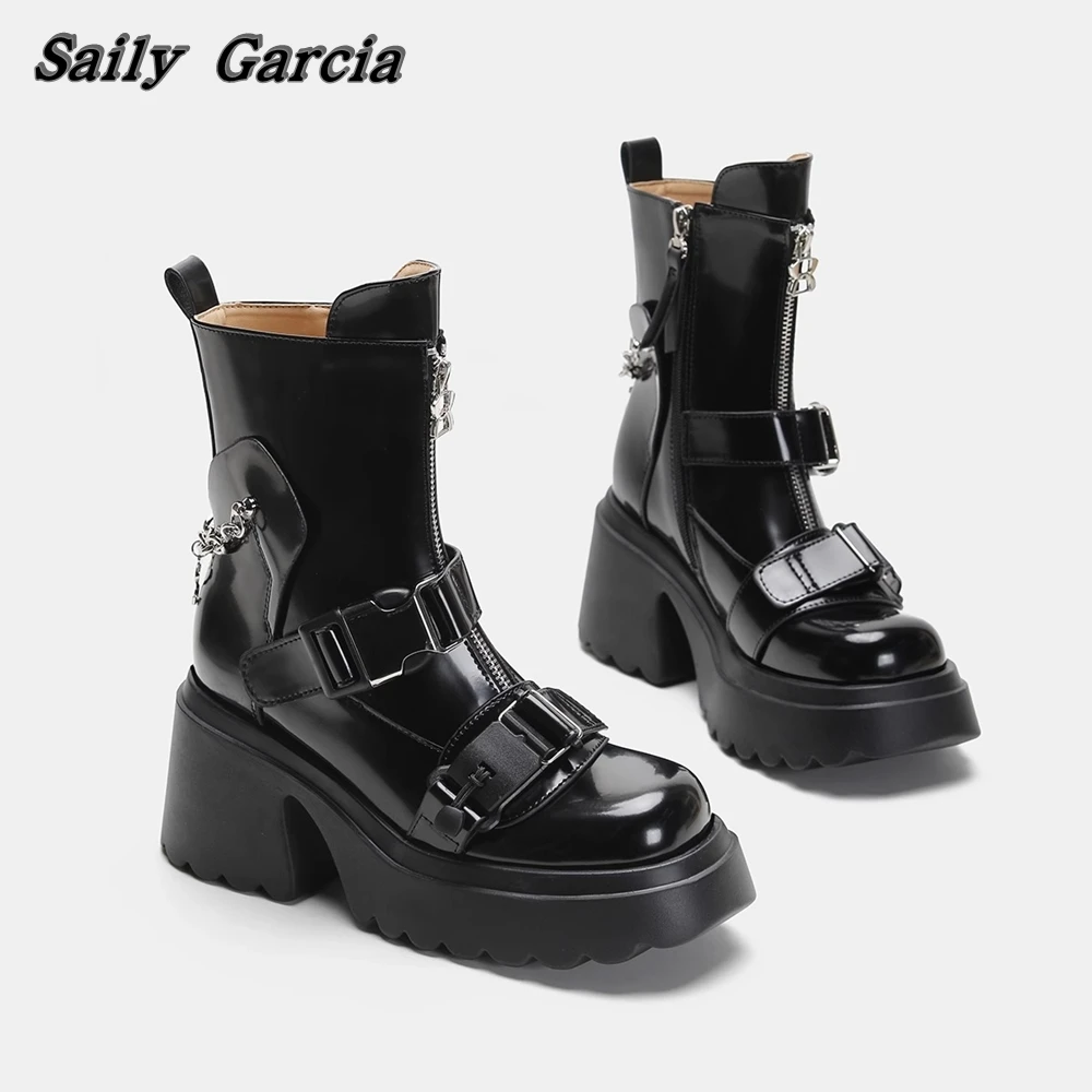Rock Punk Style Buckle Strap Back Chain Chunky Heel Boots Leather Glossy Cool Motorcycle Boots Round Toe Platform Casual Boots
Rock Punk Style Buckle Strap Back Chain Chunky Heel Boots Leather Glossy Cool Motorcycle Boots Round Toe Platform Casual Boots