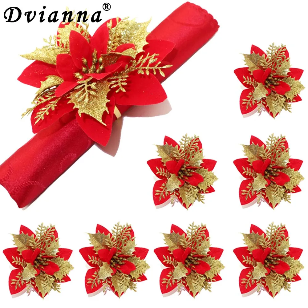 8Pcs Gold Artificial Poinsettia Flower Napkin Rings Holder for Xmas New Year Wedding Party Dinning Table Decoration HWC251 
8Pcs Gold Artificial Poinsettia Flower Napkin Rings Holder for Xmas New Year Wedding Party Dinning Table Decoration HWC251