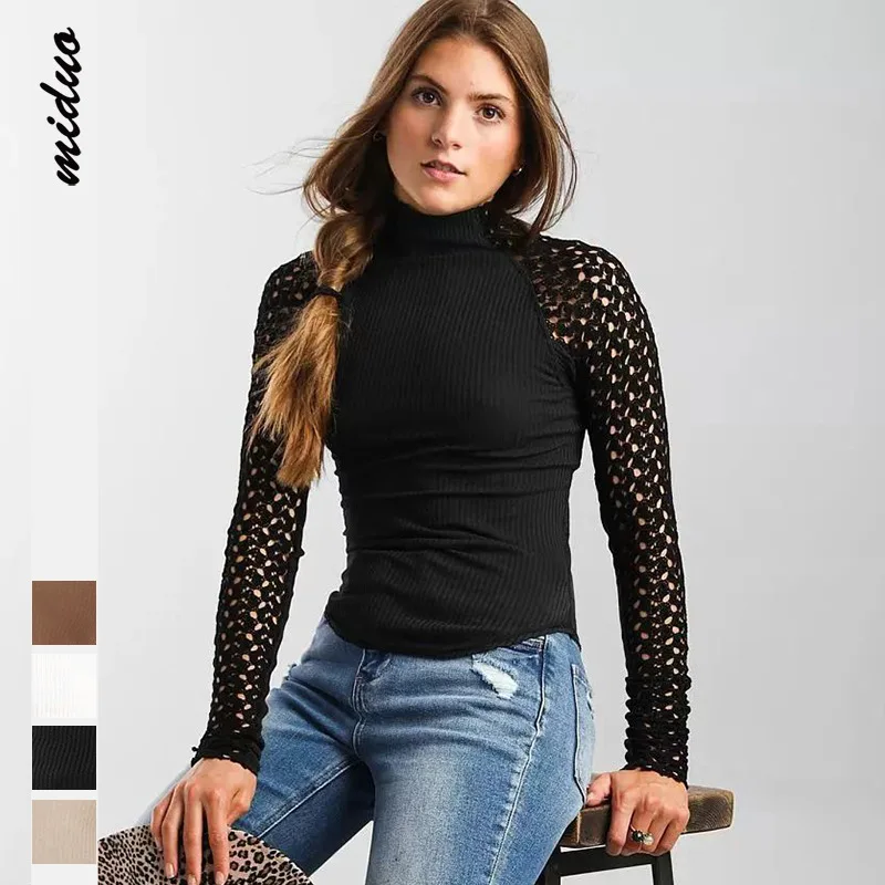 Женская трикотажная блузка с длинным рукавом, кружевная облегающая блузка в рубчик, с вырезами, осень 2022
Женская трикотажная блузка с длинным рукавом, кружевная облегающая блузка в рубчик, с вырезами, осень 2022