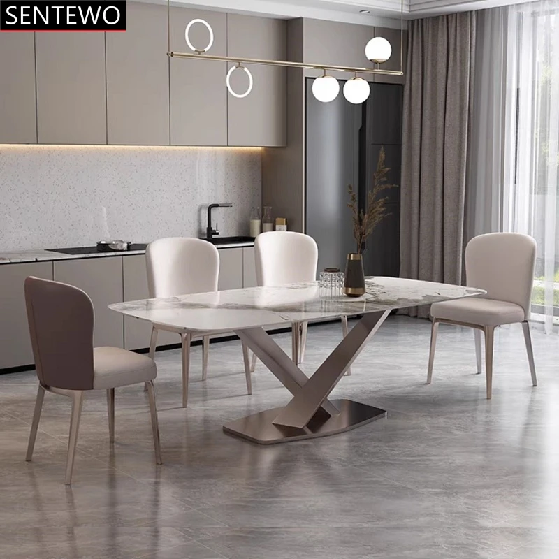 

SENTEWO Luxury Rock Slab Dining Table 6 Chair Stainless Steel Rose Gold Base Faux Marble Tables Chairs Set Comedores De 4 Sillas