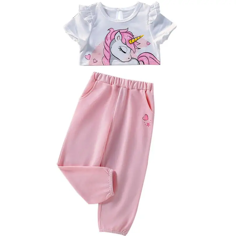 Комплект одежды для девочек: Детская летняя короткая футболка с единорогом + розовые штаны, хлопковый топ и леггинсы, комплект для детей 
Комплект одежды для девочек: Детская летняя короткая футболка с единорогом + розовые штаны, хлопковый топ и леггинсы, комплект для детей