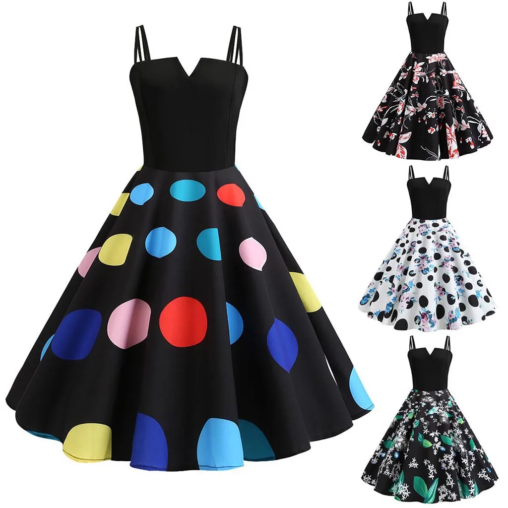 

Ladies Retro Summer Dresses Audrey Hepburn 50s 60s Rockabilly V-neck Polka Dot Bow Pinup Ball Grown Party Robe Vestidos