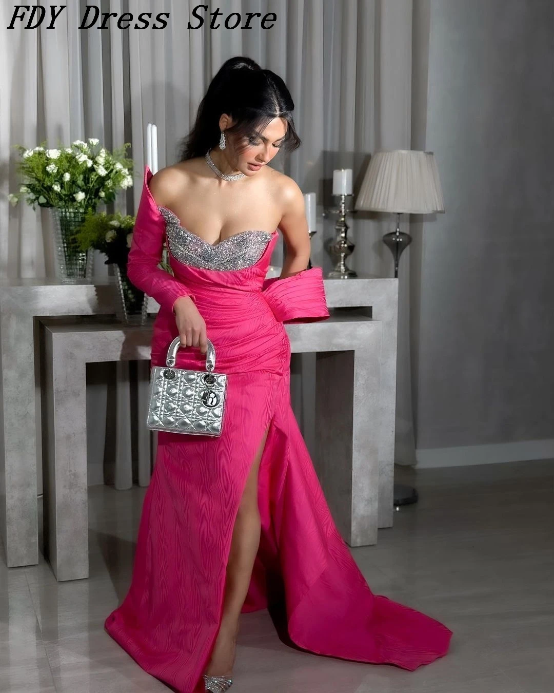 

Женское вечернее платье-русалка, плиссированное платье до пола с длинным рукавом и бисером, розовое платье для выпускного вечера, 2023