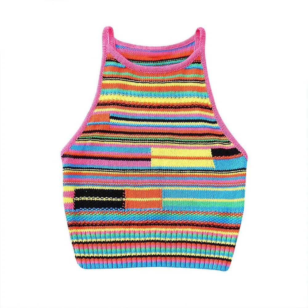 Women 2022 Summer New Fashion Colorblock Knit Top Retro Slim Round Neck Sleeveless Striped Female Camisole Chic Top Mujer
Women 2022 Summer New Fashion Colorblock Knit Top Retro Slim Round Neck Sleeveless Striped Female Camisole Chic Top Mujer
