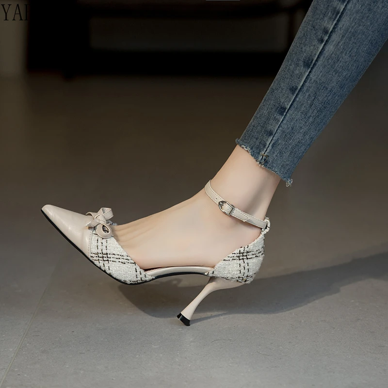 Elegant Sweet Bowknot High Heels Summer Sandals Pointed Toe Thin Heels Mid Hollow Single Shoes Plaid Splicing Word Buckle Pumps
Elegant Sweet Bowknot High Heels Summer Sandals Pointed Toe Thin Heels Mid Hollow Single Shoes Plaid Splicing Word Buckle Pumps