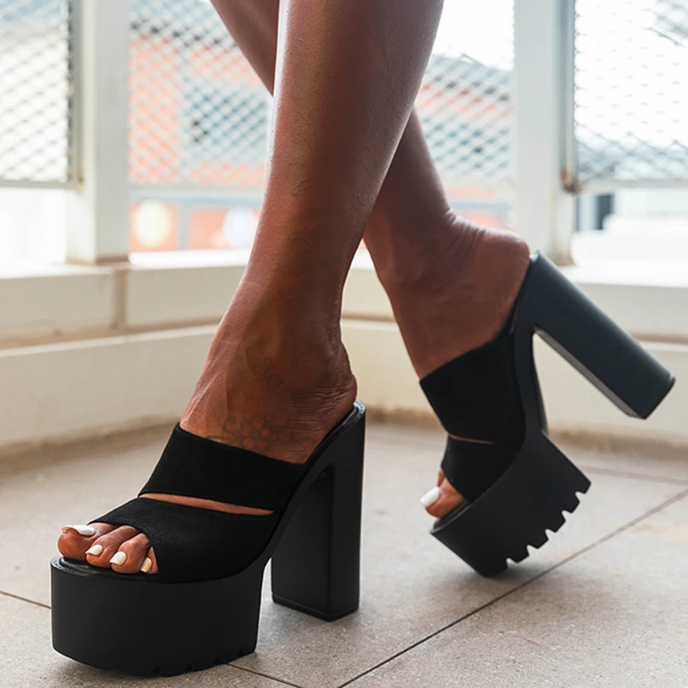 

RIBETRINI Peep Toe Platform High Heels Mules Summer Slides Shoes Cutout Black Casual Beach Gladiator Shoes Summer For Dropship