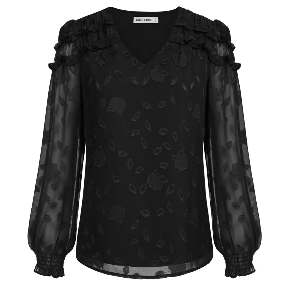 GK Women Blouses Flowers Applique Ruffle Decorated Blouse Casual Long Sleeve Double Layered V-Neck Pullover Tops Sheer Blouse
GK Women Blouses Flowers Applique Ruffle Decorated Blouse Casual Long Sleeve Double Layered V-Neck Pullover Tops Sheer Blouse