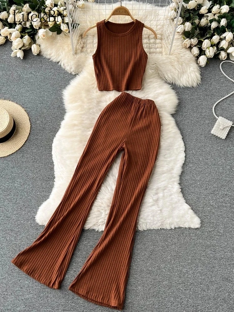 Summer Casual Fashion Women Knitted Pants Set Sexy Sleeveless Slim Short Tops & High Waist Long Flared Pants Two Piece Suits New
Summer Casual Fashion Women Knitted Pants Set Sexy Sleeveless Slim Short Tops & High Waist Long Flared Pants Two Piece Suits New
