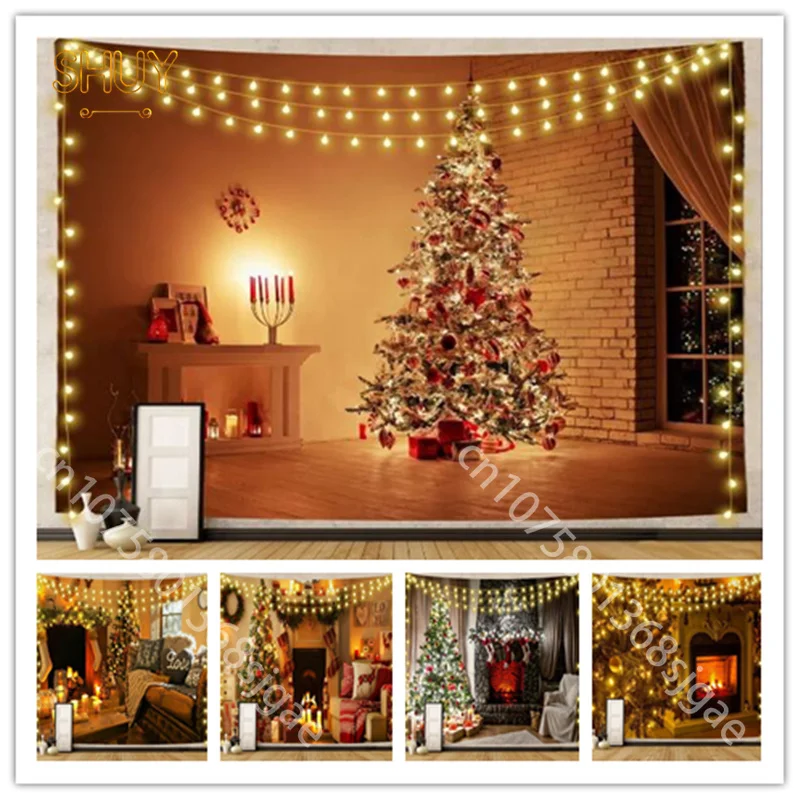 

LED Merry Christmas Tapestry Christmas Tree Gift Decoration Fireplace Printed Wall Hanging Cloth Living Room Decor Tapestries