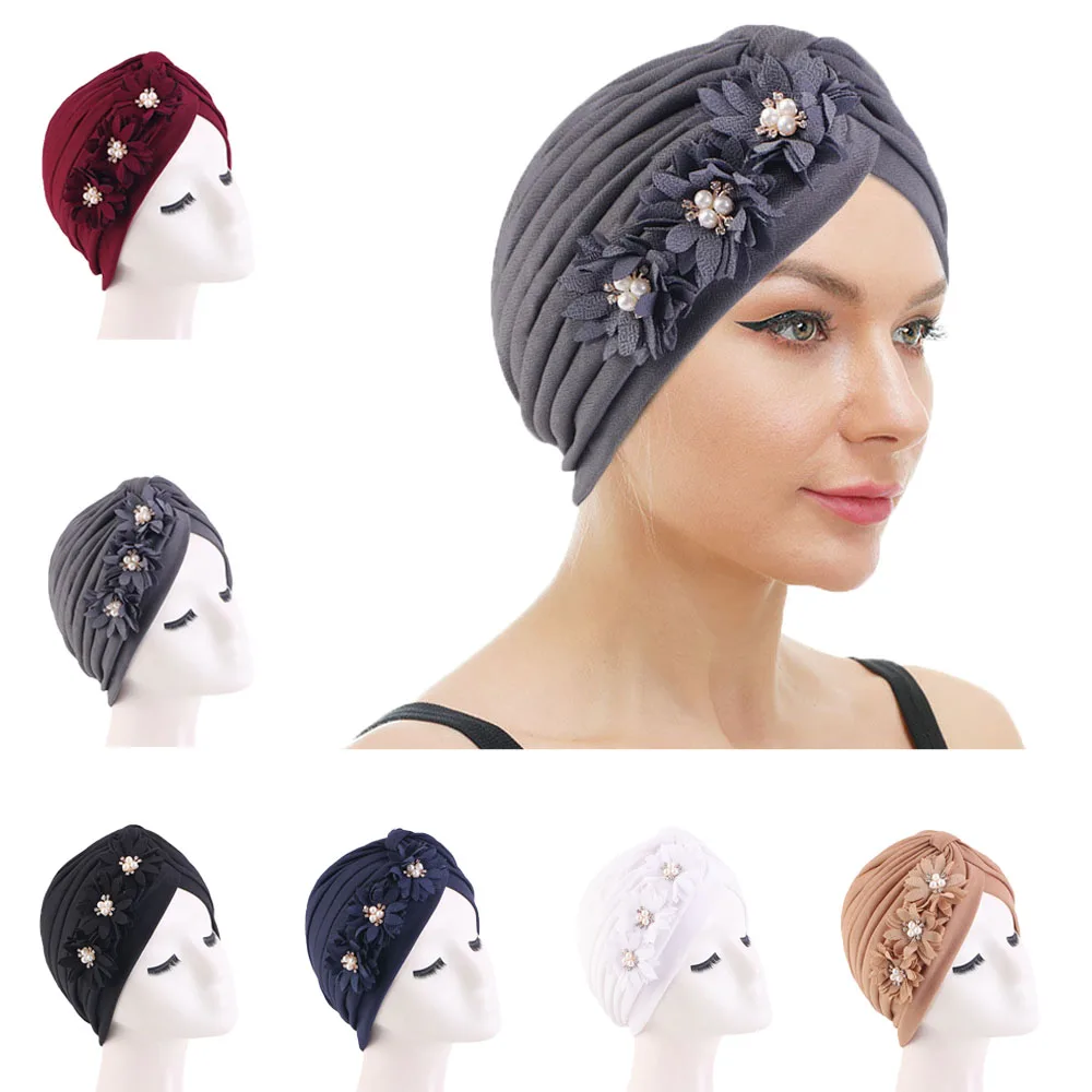 

Flower Women Indian Muslim Chemo Hair Loss Cap Hijab Pearl Beads Turban Headwear Wrap Scarf Arab Islamic Bonnet Cover Cancer Hat