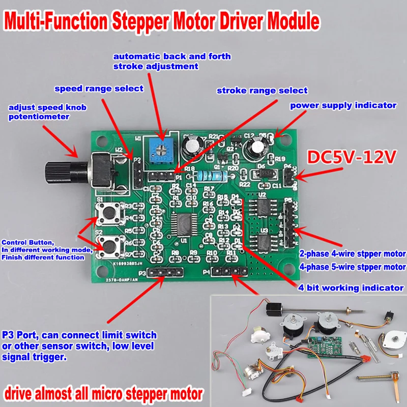 DC 5-12V Stepper Motor Driver Controller Multifunction Motor Speed Controller Module For 2-phase 4-wire 4phase 5-wire Step Motor
DC 5-12V Stepper Motor Driver Controller Multifunction Motor Speed Controller Module For 2-phase 4-wire 4phase 5-wire Step Motor