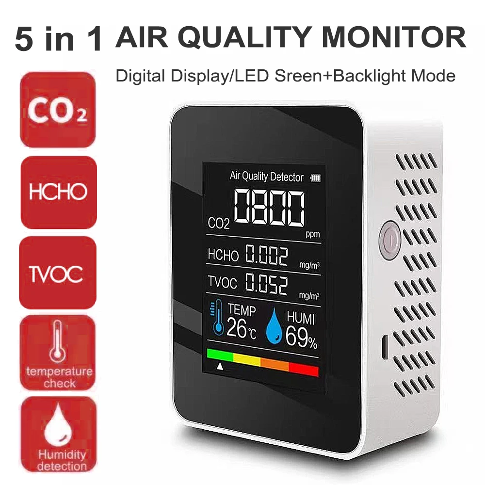 CO2 Sensor Air Quality Monitor CO2 Detector Formaldehyde HCHO TVOC Tester LCD Temperature Humidity Tester
CO2 Sensor Air Quality Monitor CO2 Detector Formaldehyde HCHO TVOC Tester LCD Temperature Humidity Tester