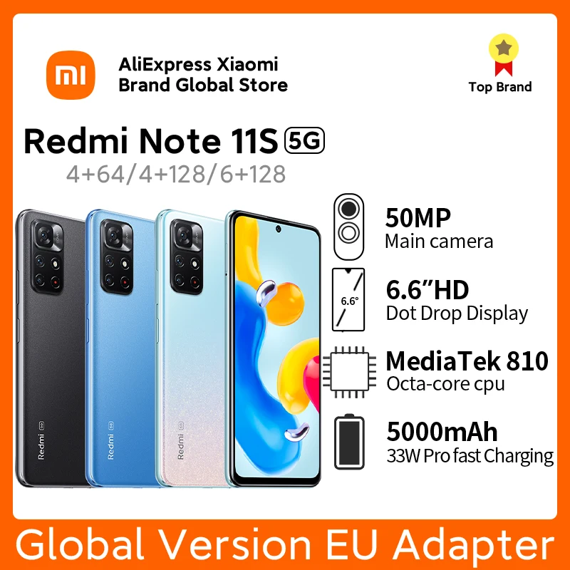 Global Version Xiaomi Redmi Note 11S 5G NFC Smartphone 64G / 128GB Dimensity 810 33W Charging 5000mAh 50MP Android Cell Phone
Global Version Xiaomi Redmi Note 11S 5G NFC Smartphone 64G / 128GB Dimensity 810 33W Charging 5000mAh 50MP Android Cell Phone