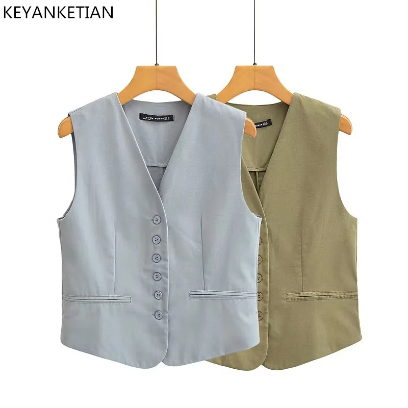 

KEYANKTIAN New Deep V-Neck Single Breasted Linen Texture Army Green Thin Waistcoat Women Vintage Belt Embellished Vest Top