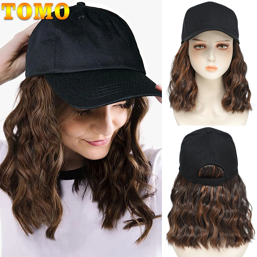 

TOMO Baseball Cap Hair with 8 inch Wave Curly Bob Hairstyle Adjustable Wig Hat Attached Short Extensions Synthetic for Women