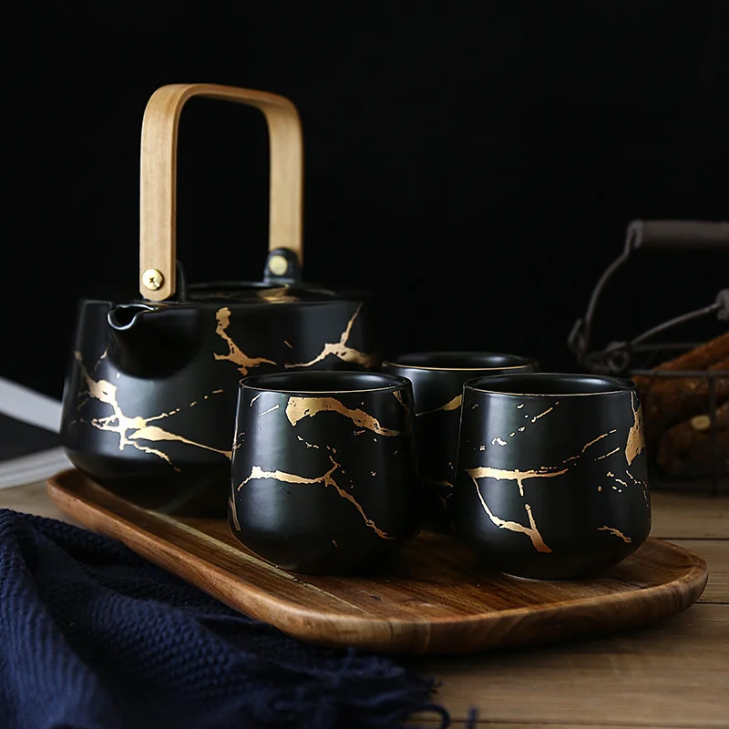 

Marbling Household Set Japanese-Style Black And White Ceramic Afternoon Tea Cup With Acacia Mangium Base Support Teapot