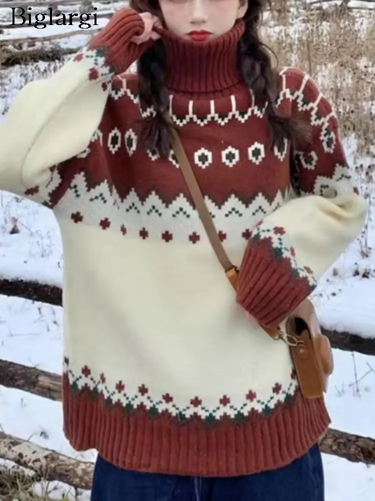 

Водолазка с цветочным принтом на осень и зиму, пуловер, свитер, модные женские корейские свитера, топы, свободные женские вязаные топы, 2023