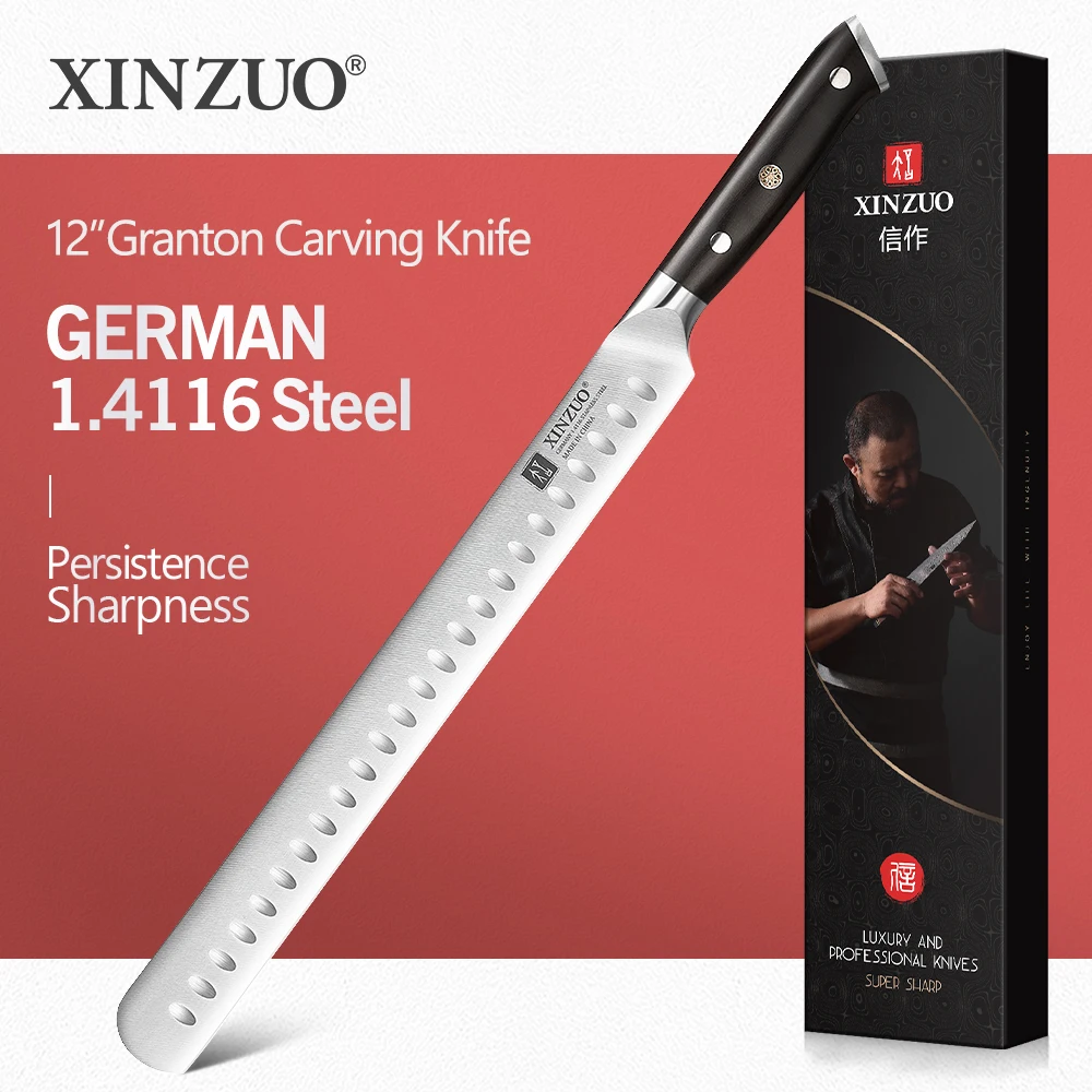 

XINZUO 12 Inch Carving Knife Long Baguette Cutter Stainless Steel DIN 1.4116 Steel Loaf Bread Slicer Slicing Cake Cutting Knife