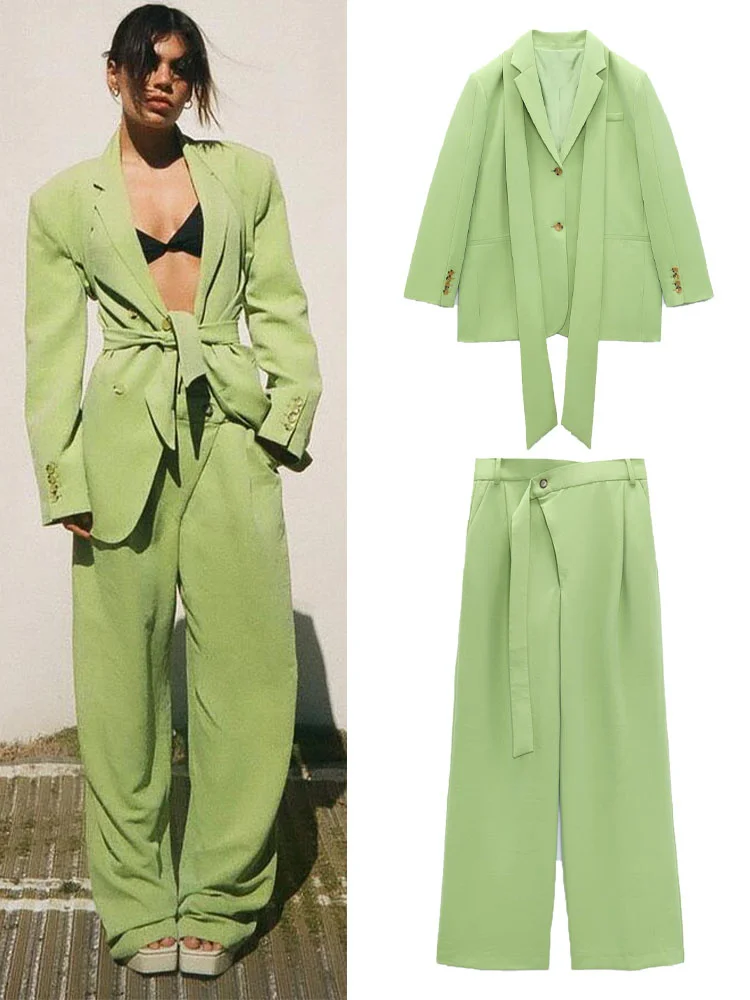 

2022 spring new women's all-match casual blazer with detachable belt grass green fashion high-waisted wide-leg casual pants