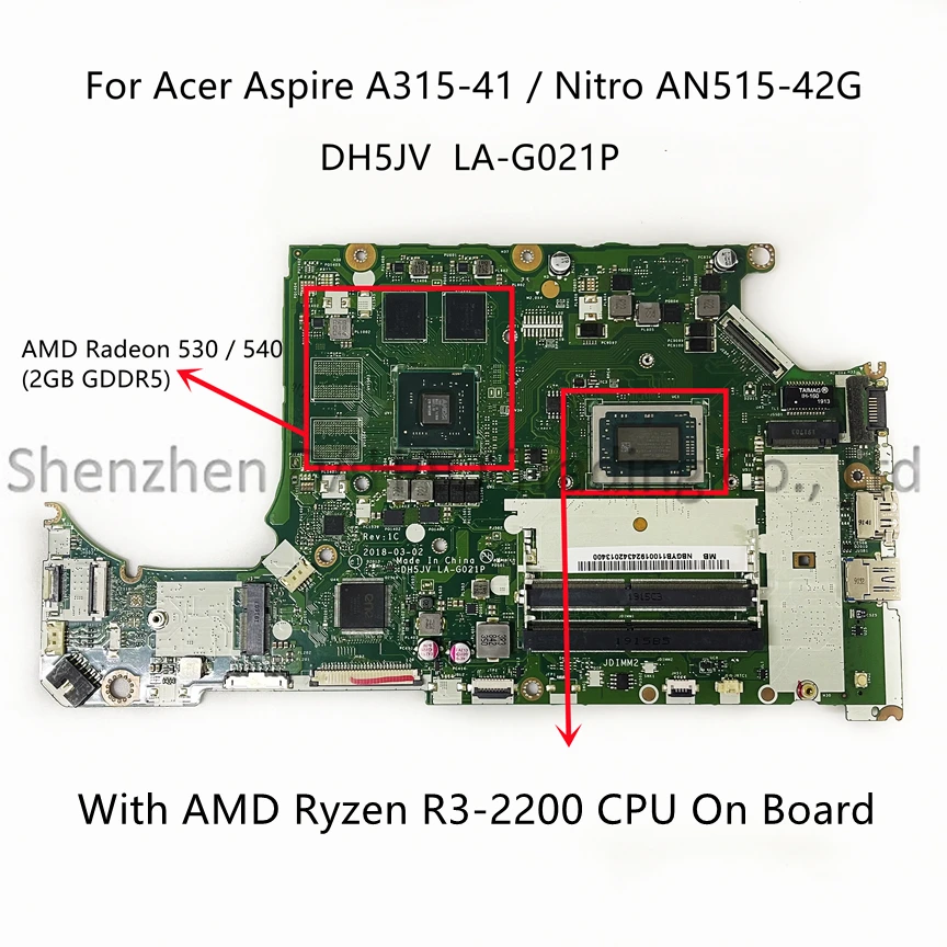 

For Acer A315-41 Nitro AN515-42G Laptop Motherboard DH5JV LA-G021P With AMD Ryzen R3/R5/R7 CPU Radeon 530/540 2GB Video Card