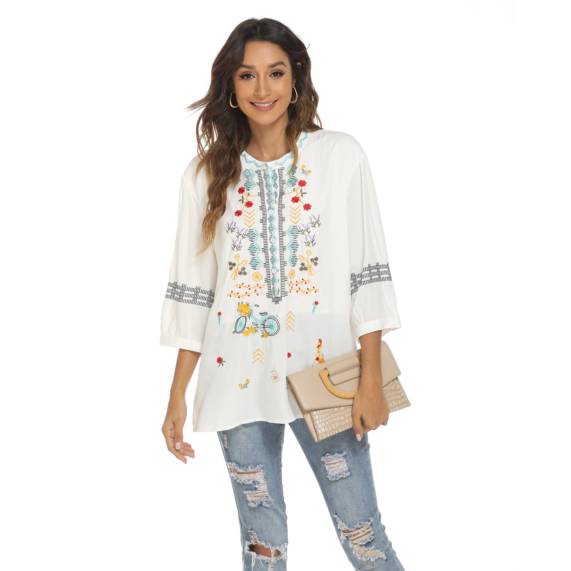 

Eaeovni Bohemian Embroidered Tops for Women Cotton Peasant Shirts Boho Embroidered Loose Blouse